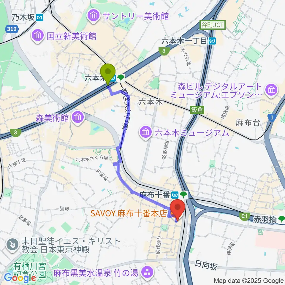 六本木駅からローズマリーミュージックスクール麻布教室へのルートマップ地図