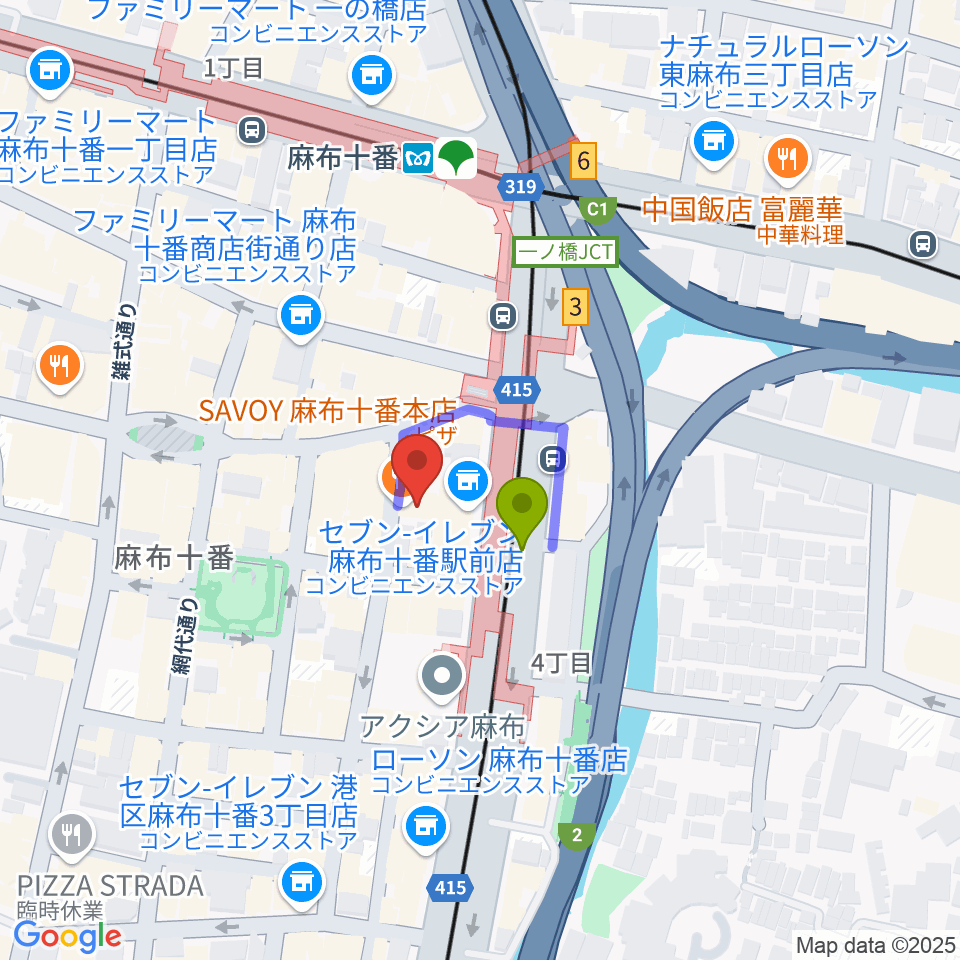 ローズマリーミュージックスクール麻布教室の最寄駅麻布十番駅からの徒歩ルート（約1分）地図