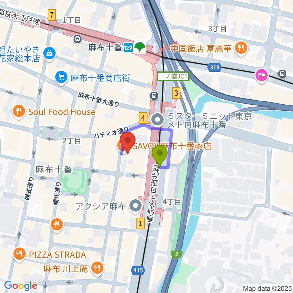ローズマリーミュージックスクール麻布教室の最寄駅麻布十番駅からの徒歩ルート（約1分）地図