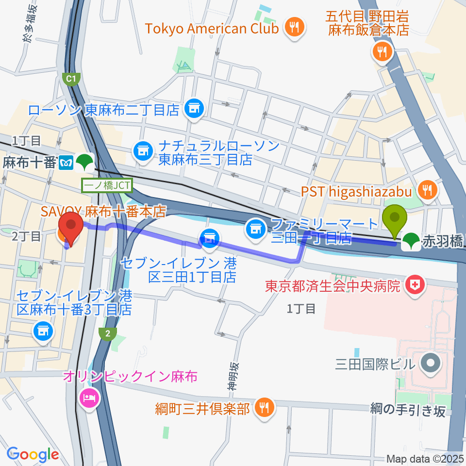 赤羽橋駅からローズマリーミュージックスクール麻布教室へのルートマップ地図