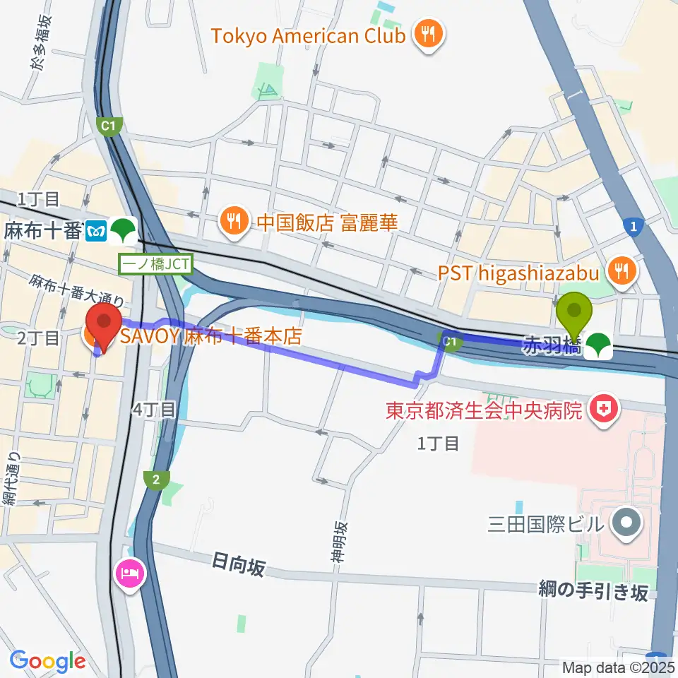 赤羽橋駅からローズマリーミュージックスクール麻布教室へのルートマップ地図