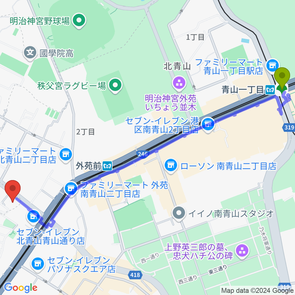 青山一丁目駅からTAIKO-LAB青山へのルートマップ地図