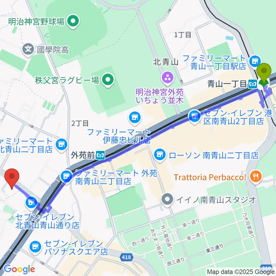 青山一丁目駅からTAIKO-LAB青山へのルートマップ地図