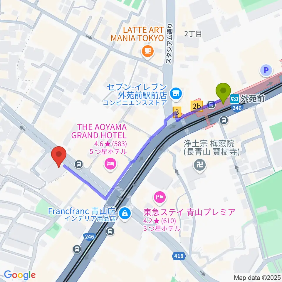 TAIKO-LAB青山の最寄駅外苑前駅からの徒歩ルート（約5分）地図