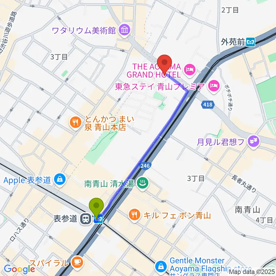 表参道駅からTAIKO-LAB青山へのルートマップ地図