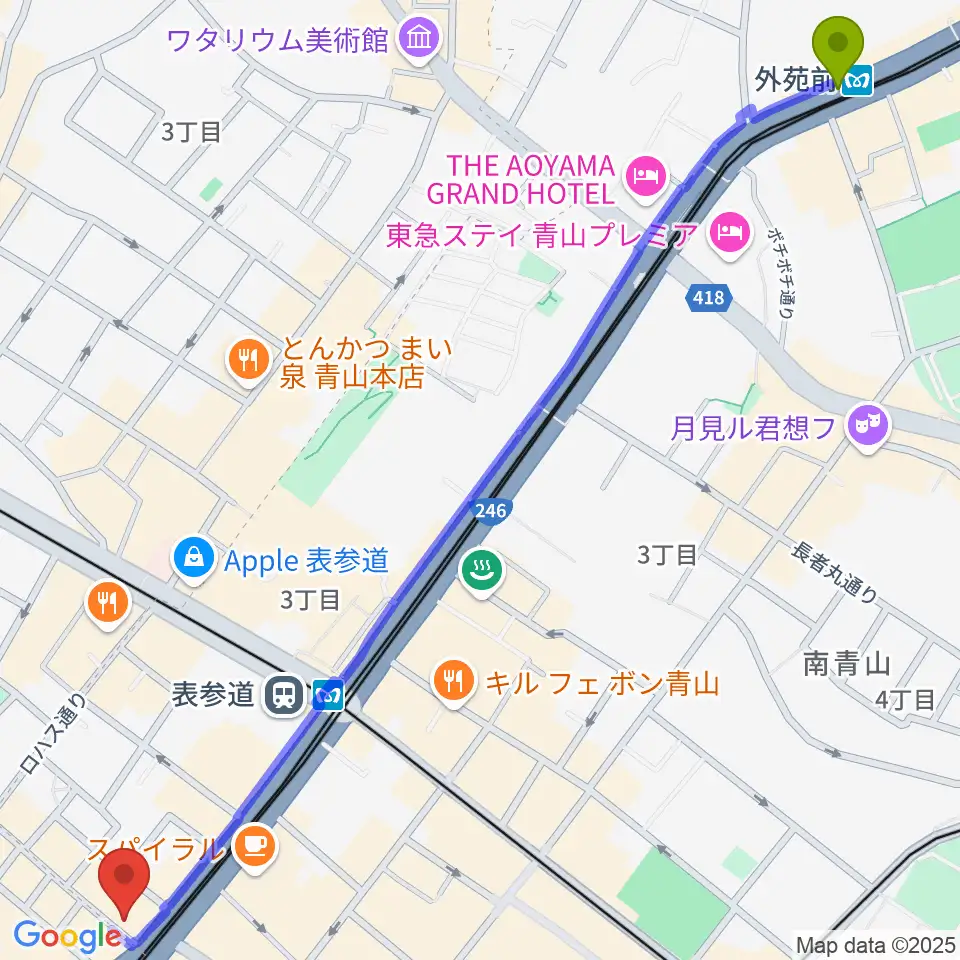 外苑前駅からカワイミュージックスクール青山へのルートマップ地図