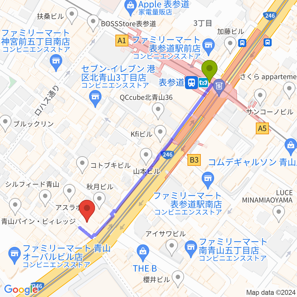 カワイミュージックスクール青山の最寄駅表参道駅からの徒歩ルート（約5分）地図