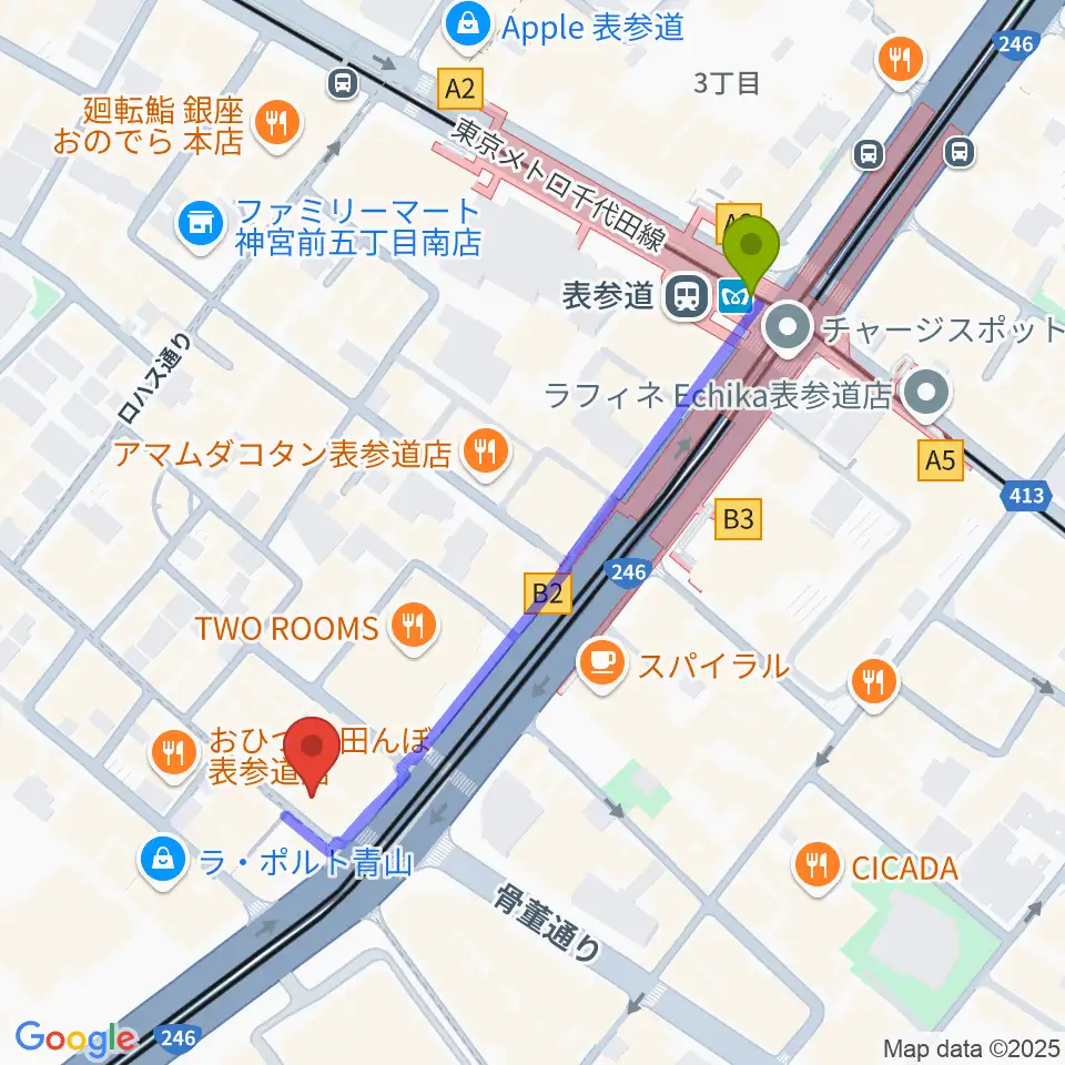 カワイミュージックスクール青山の最寄駅表参道駅からの徒歩ルート（約5分）地図