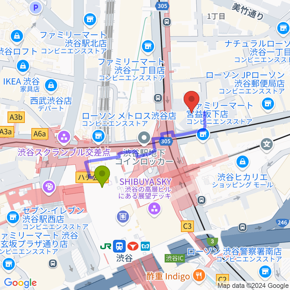 ミウラピアノスタジオの最寄駅渋谷駅からの徒歩ルート（約3分）地図