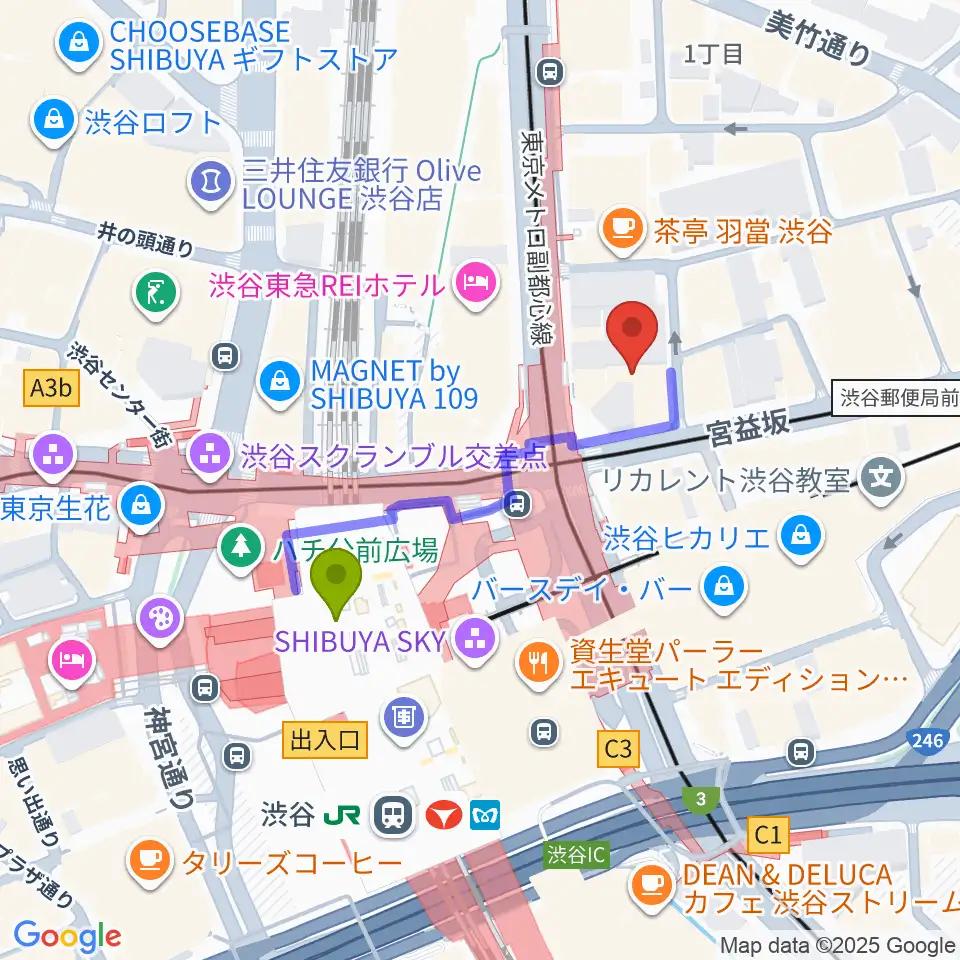 ミウラピアノスタジオの最寄駅渋谷駅からの徒歩ルート（約3分）地図