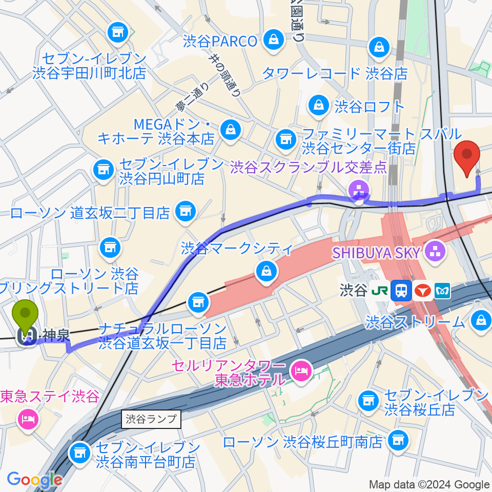 神泉駅からミウラピアノスタジオへのルートマップ地図