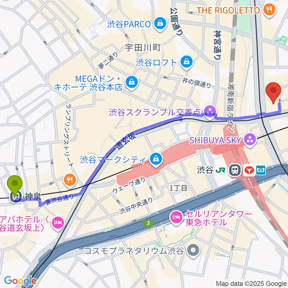神泉駅からミウラピアノスタジオへのルートマップ地図