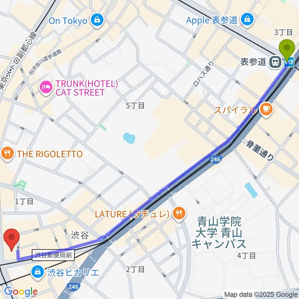 表参道駅からミウラピアノスタジオへのルートマップ地図