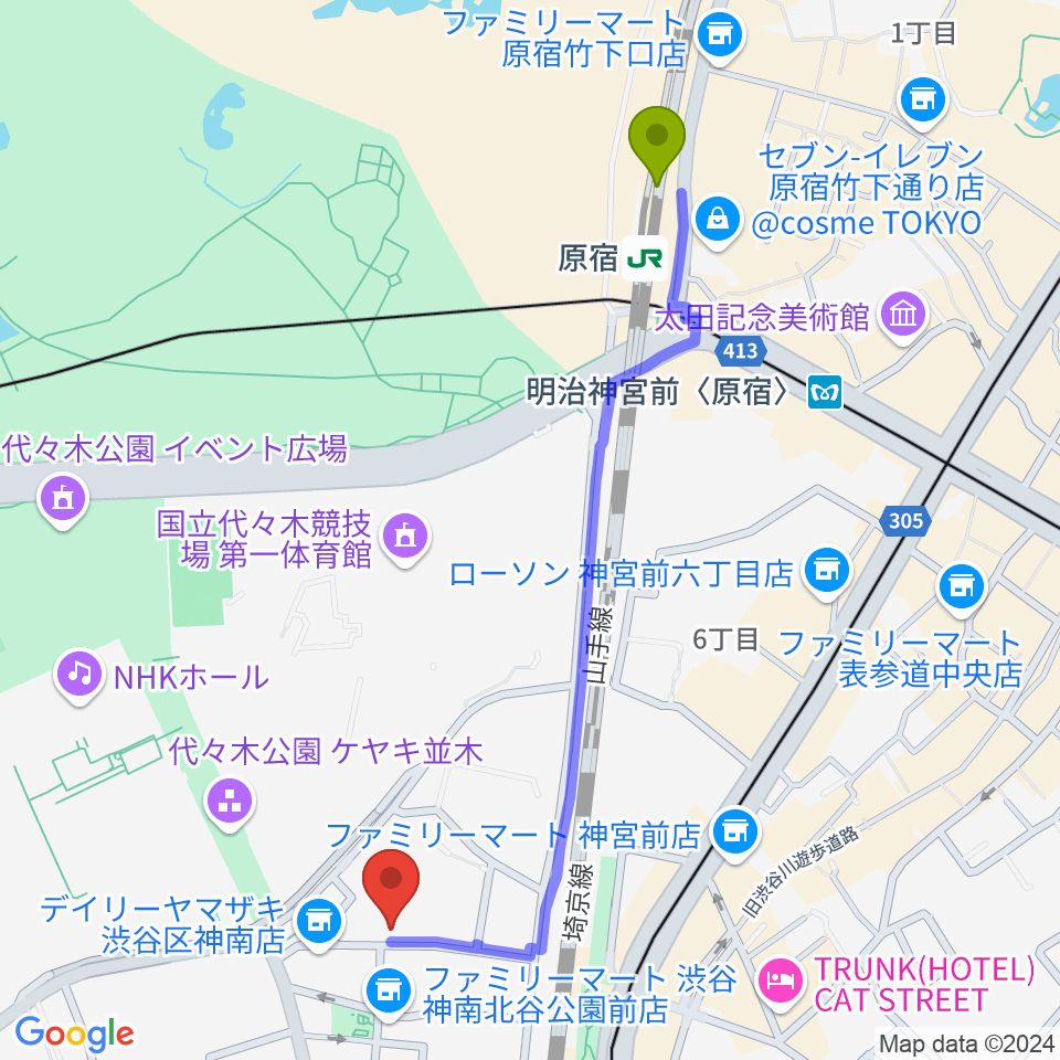 原宿駅から神南スタジオへのルートマップ地図