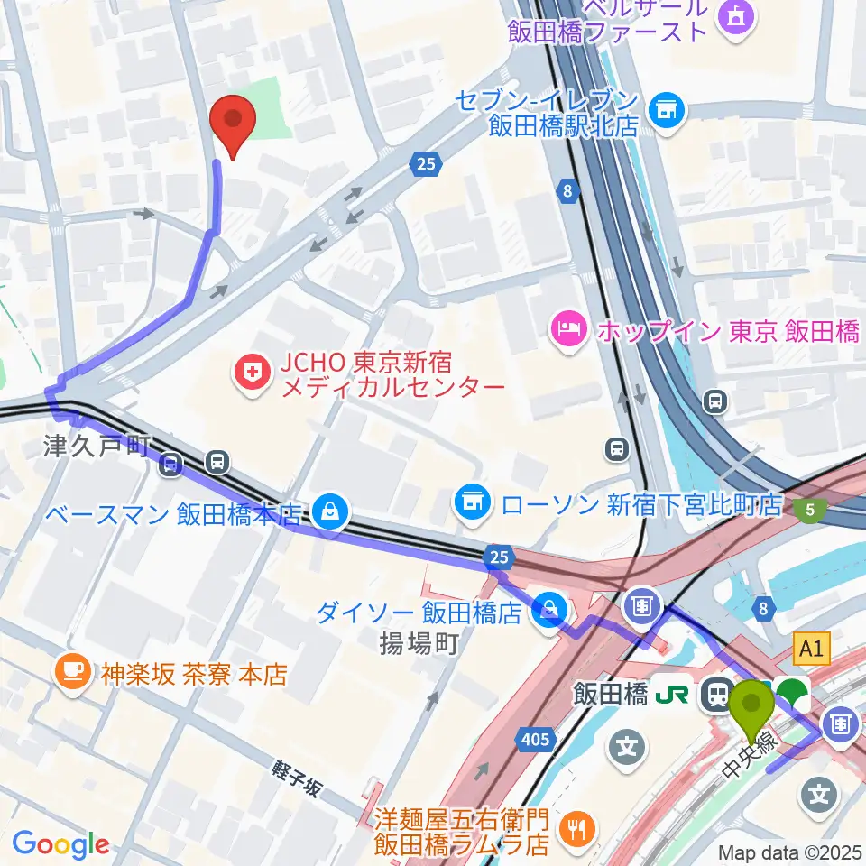 神南スタジオの最寄駅飯田橋駅からの徒歩ルート（約7分）地図