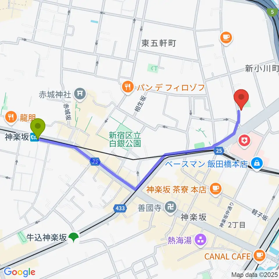 神楽坂駅から神南スタジオへのルートマップ地図