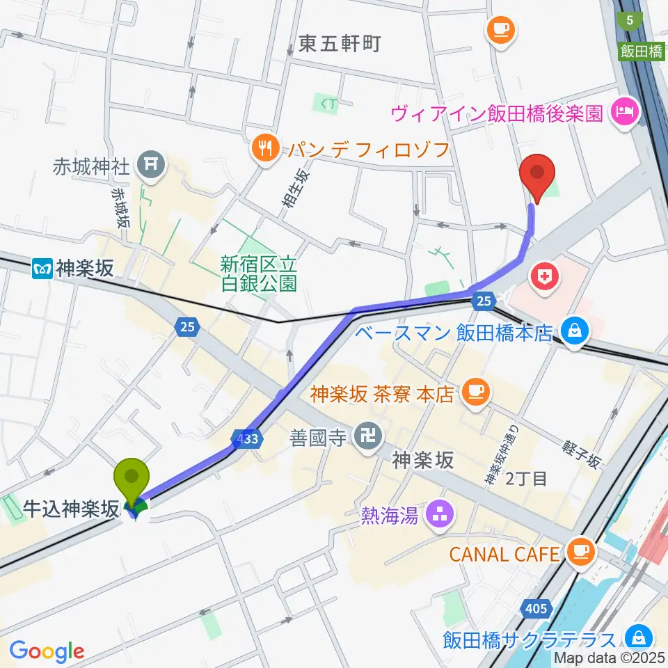 牛込神楽坂駅から神南スタジオへのルートマップ地図