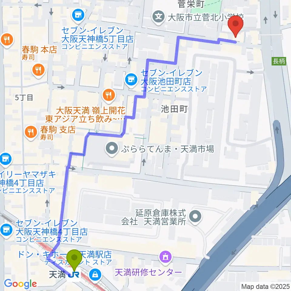 天満駅からココサウンドへのルートマップ地図