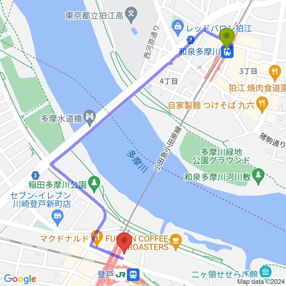 和泉多摩川駅からクラウドナインスタジオ 登戸店へのルートマップ地図