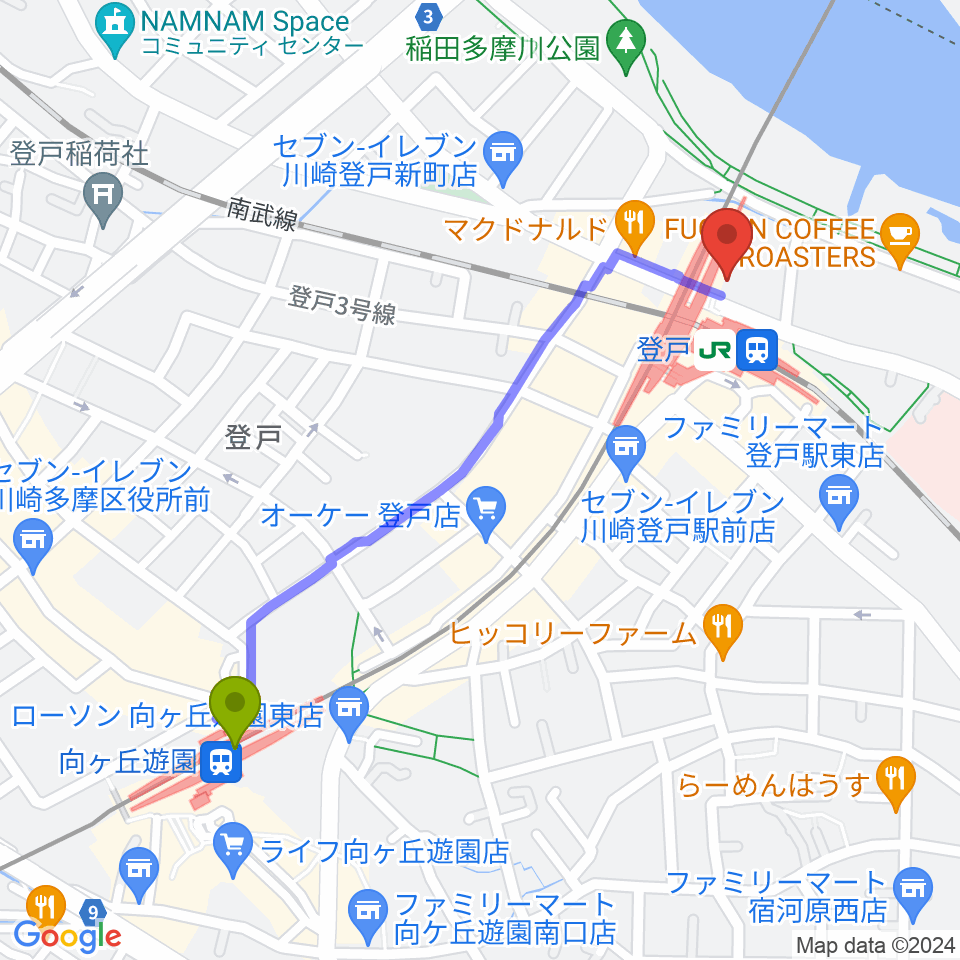 向ヶ丘遊園駅からクラウドナインスタジオ 登戸店へのルートマップ地図