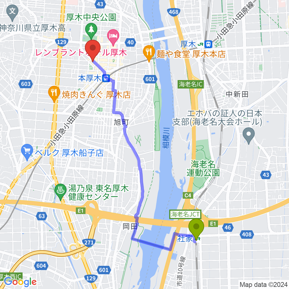 社家駅からクラウドナインスタジオ 本厚木店へのルートマップ地図