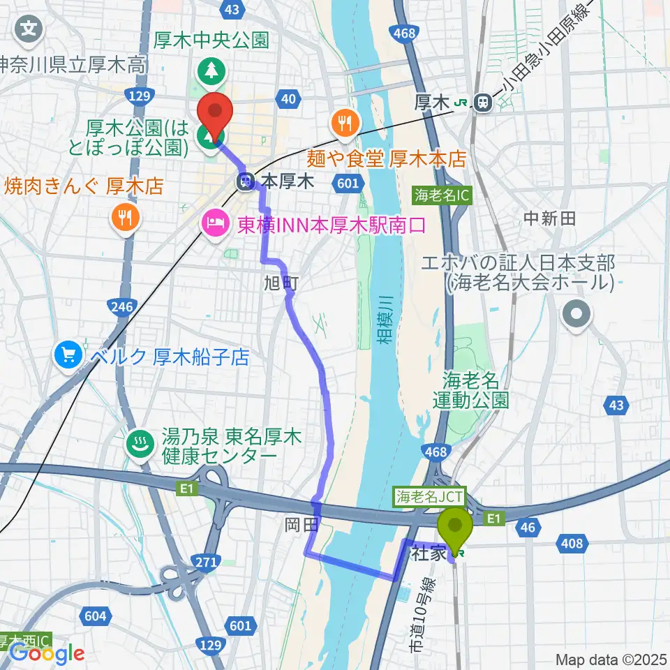 社家駅からクラウドナインスタジオ 本厚木店へのルートマップ地図