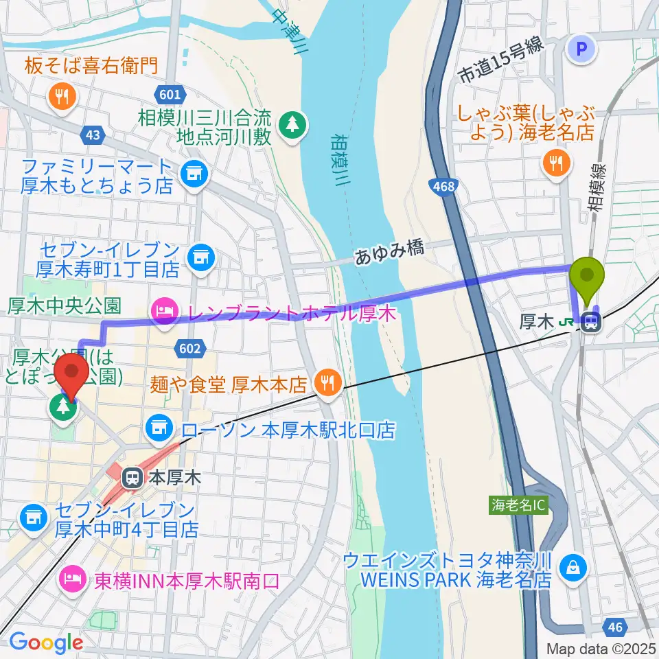 厚木駅からクラウドナインスタジオ 本厚木店へのルートマップ地図