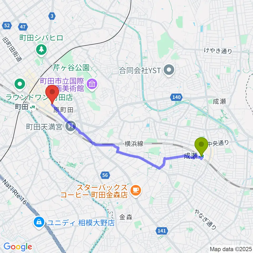 成瀬駅からクラウドナインスタジオ 町田店へのルートマップ地図