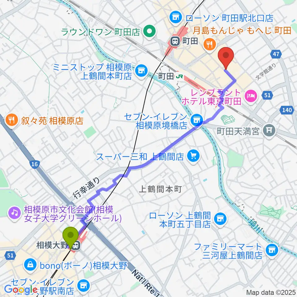 相模大野駅からクラウドナインスタジオ 町田店へのルートマップ地図