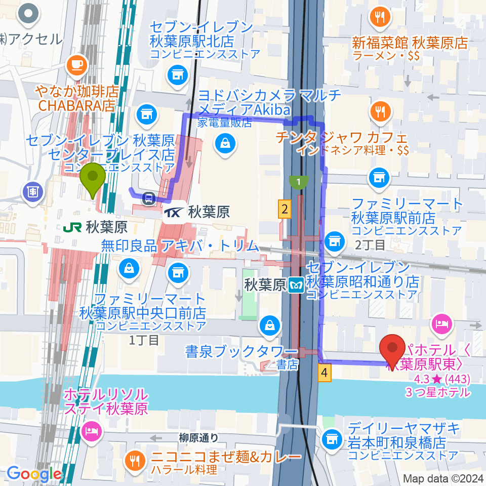 秋葉原駅からスタジオグッドマンアキバへのルートマップ地図