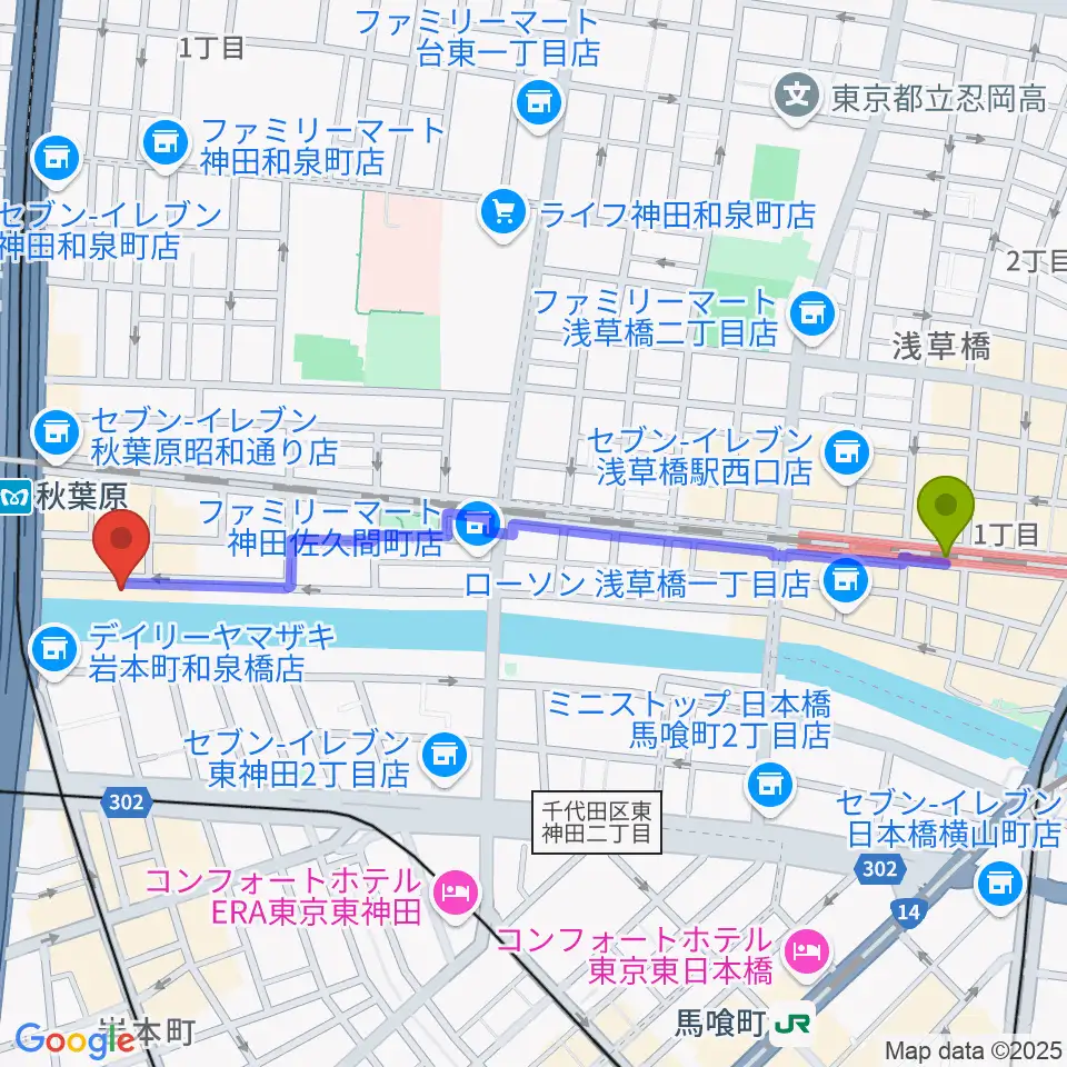 浅草橋駅からスタジオグッドマンアキバへのルートマップ地図