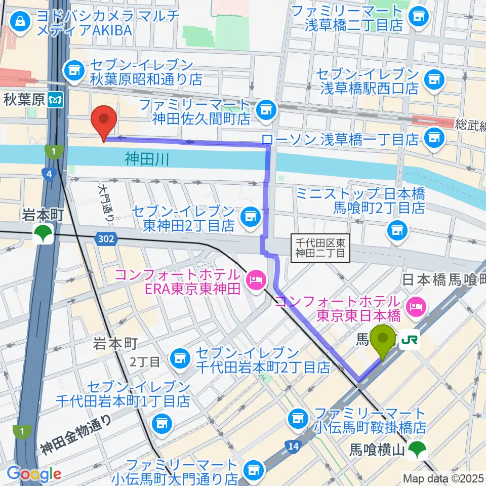 馬喰町駅からスタジオグッドマンアキバへのルートマップ地図