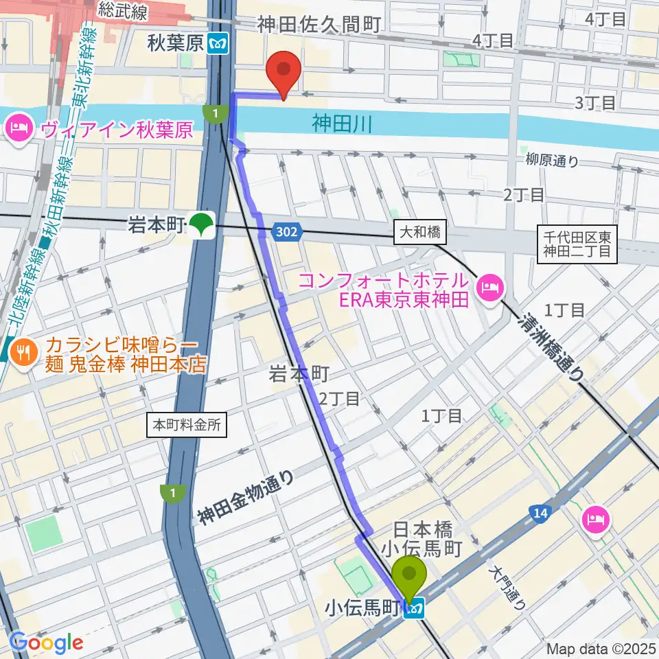 小伝馬町駅からスタジオグッドマンアキバへのルートマップ地図