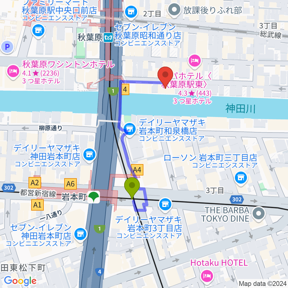 スタジオグッドマンアキバの最寄駅岩本町駅からの徒歩ルート（約3分）地図