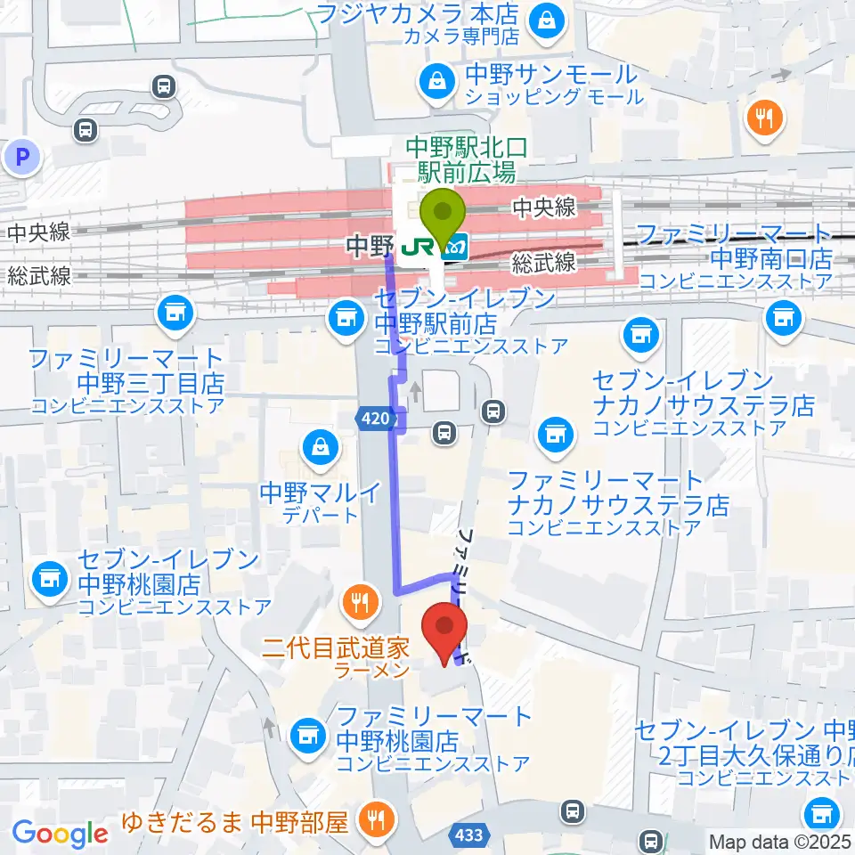 はせべ楽器の最寄駅中野駅からの徒歩ルート（約4分）地図