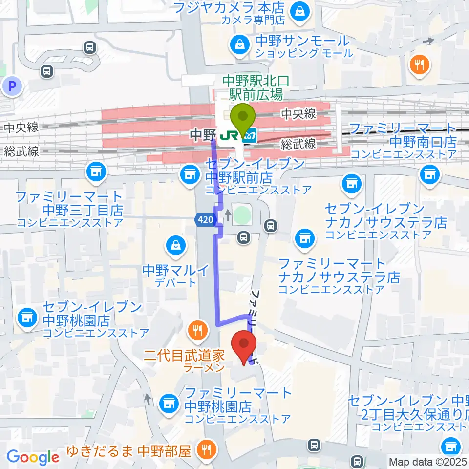 はせべ楽器の最寄駅中野駅からの徒歩ルート（約4分）地図