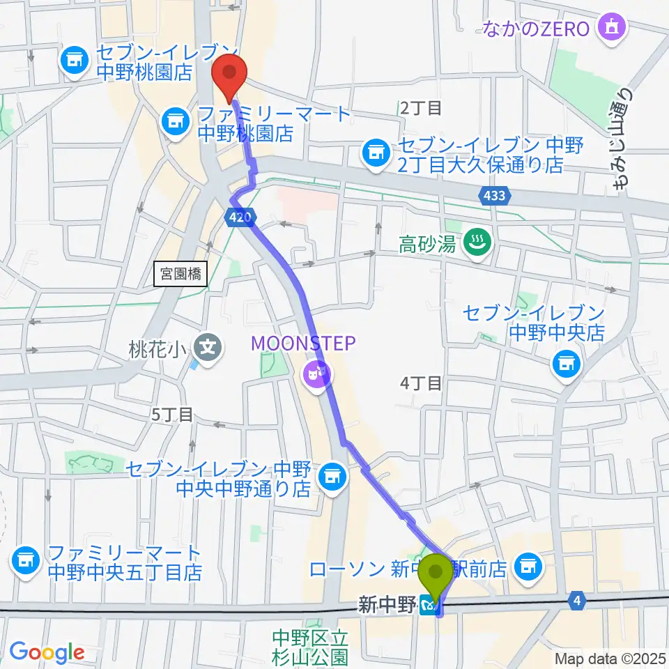 新中野駅からはせべ楽器へのルートマップ地図