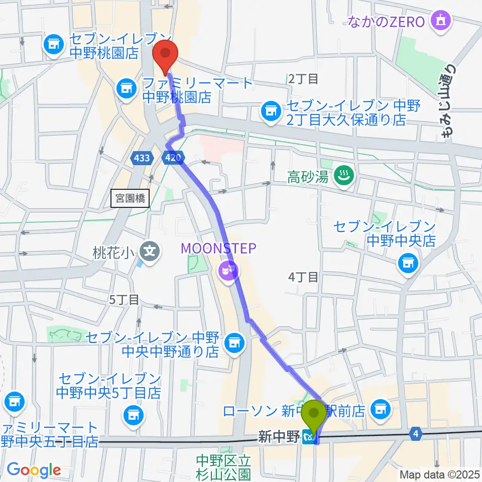新中野駅からはせべ楽器へのルートマップ地図