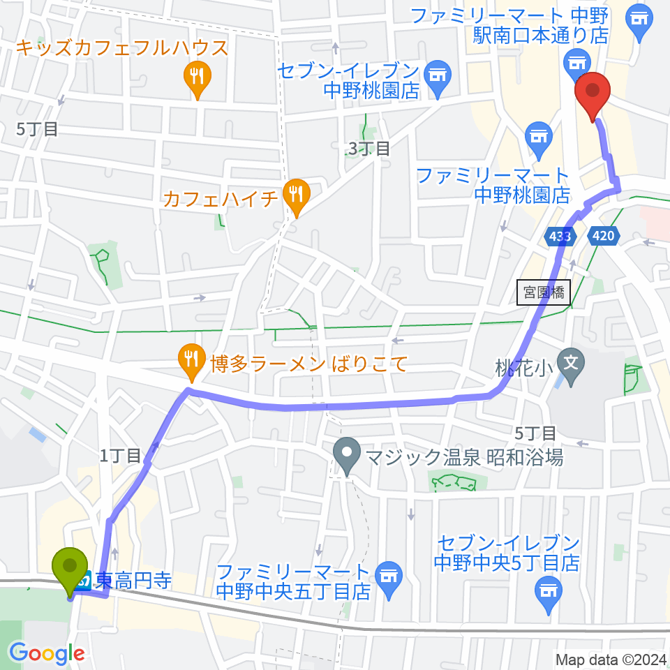 東高円寺駅からはせべ楽器へのルートマップ地図