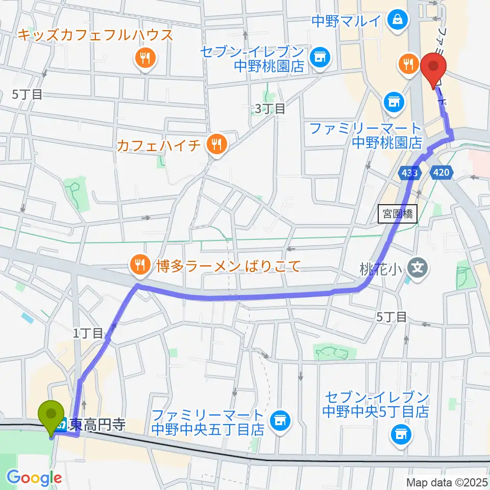 東高円寺駅からはせべ楽器へのルートマップ地図