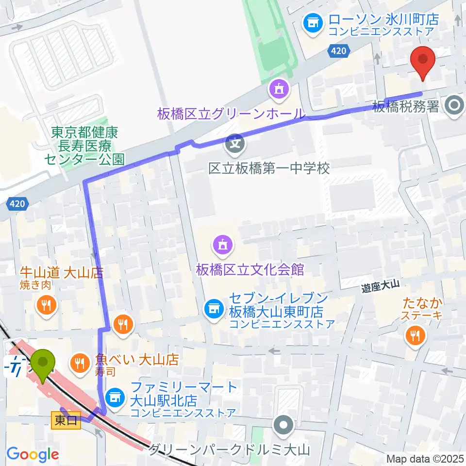 大山駅からSTUDIO ALESへのルートマップ地図