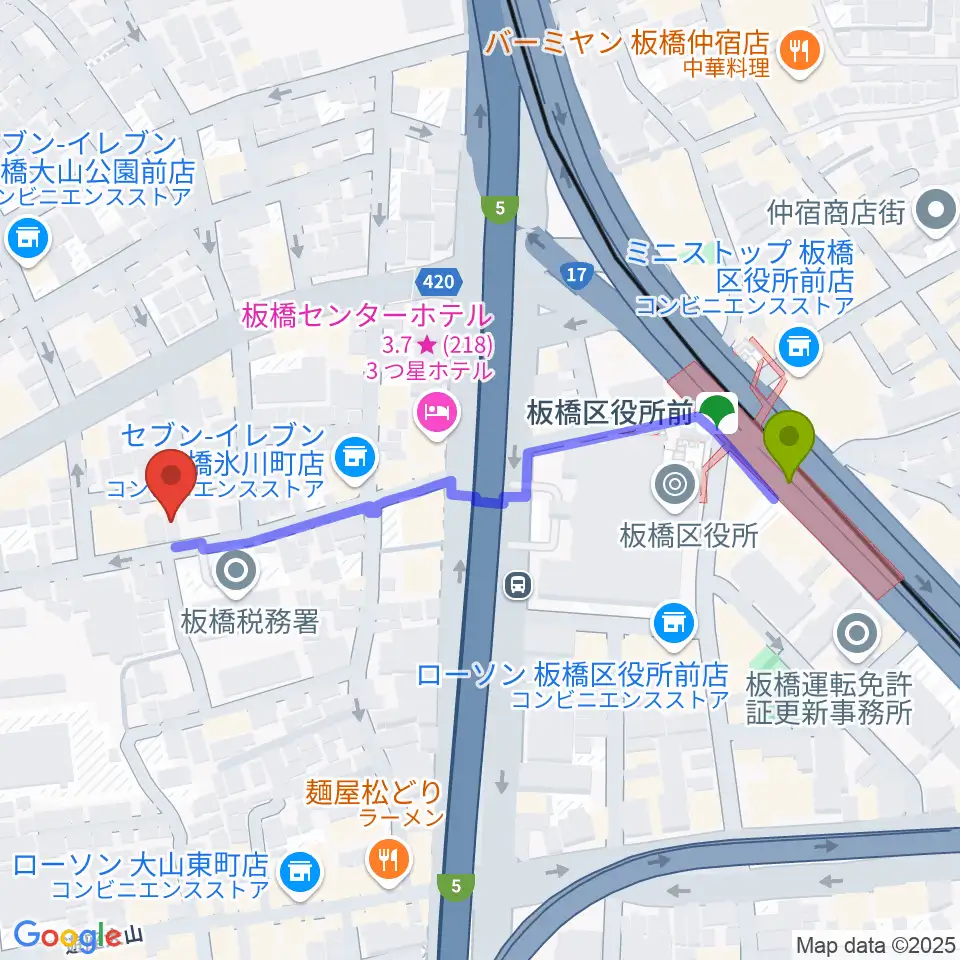 STUDIO ALESの最寄駅板橋区役所前駅からの徒歩ルート（約5分）地図