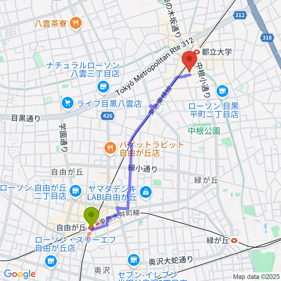 自由が丘駅から桐朋 子供のための音楽教室 目黒教室へのルートマップ地図