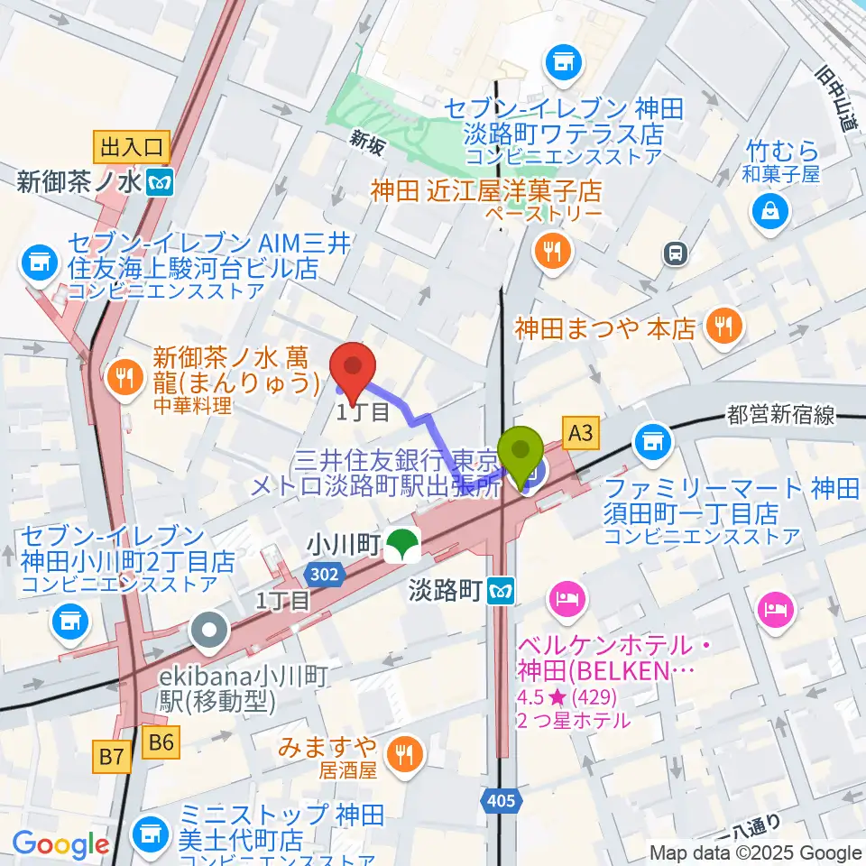 桐朋 子供のための音楽教室 お茶の水教室の最寄駅淡路町駅からの徒歩ルート（約2分）地図