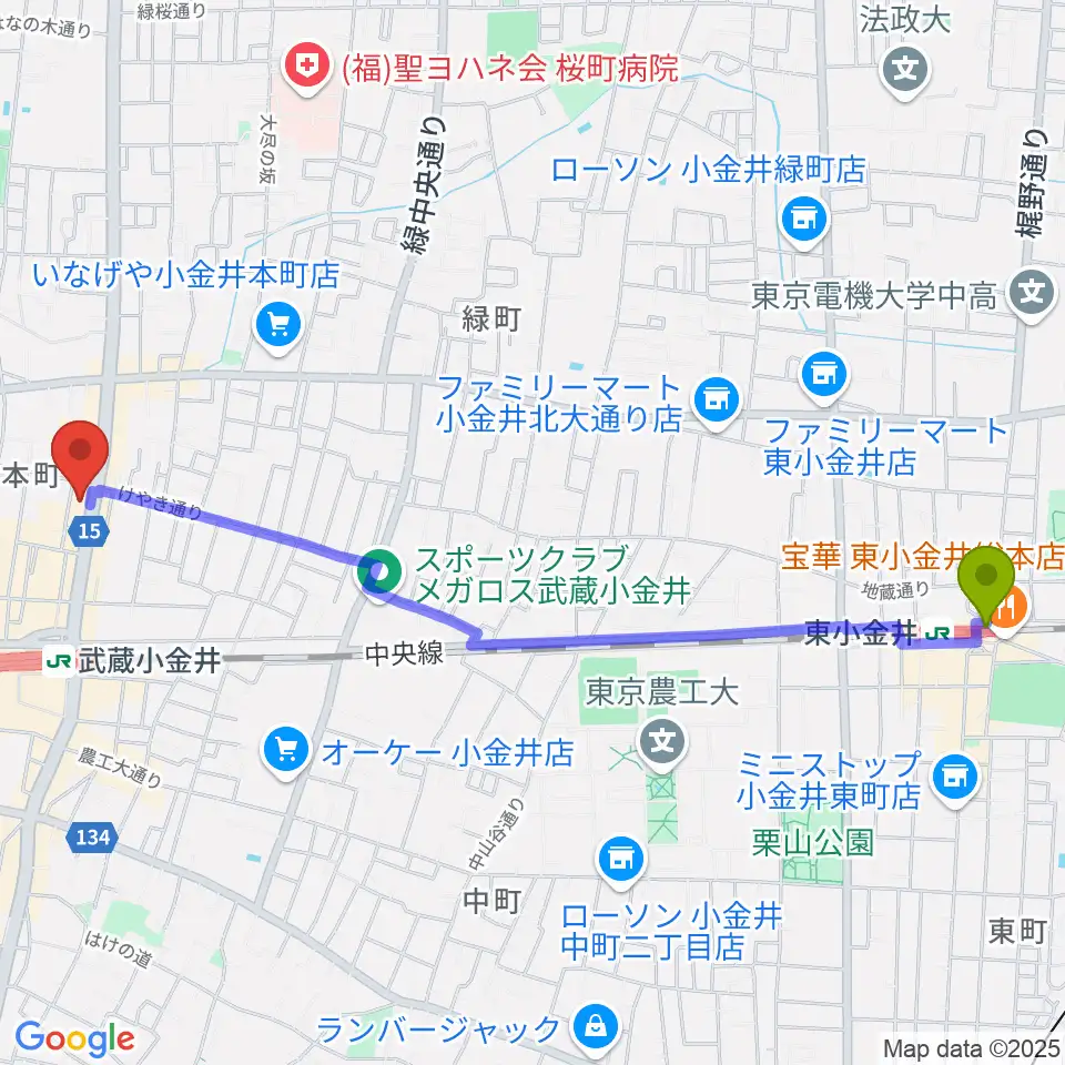 東小金井駅から宮地楽器 小金井ANNEXへのルートマップ地図