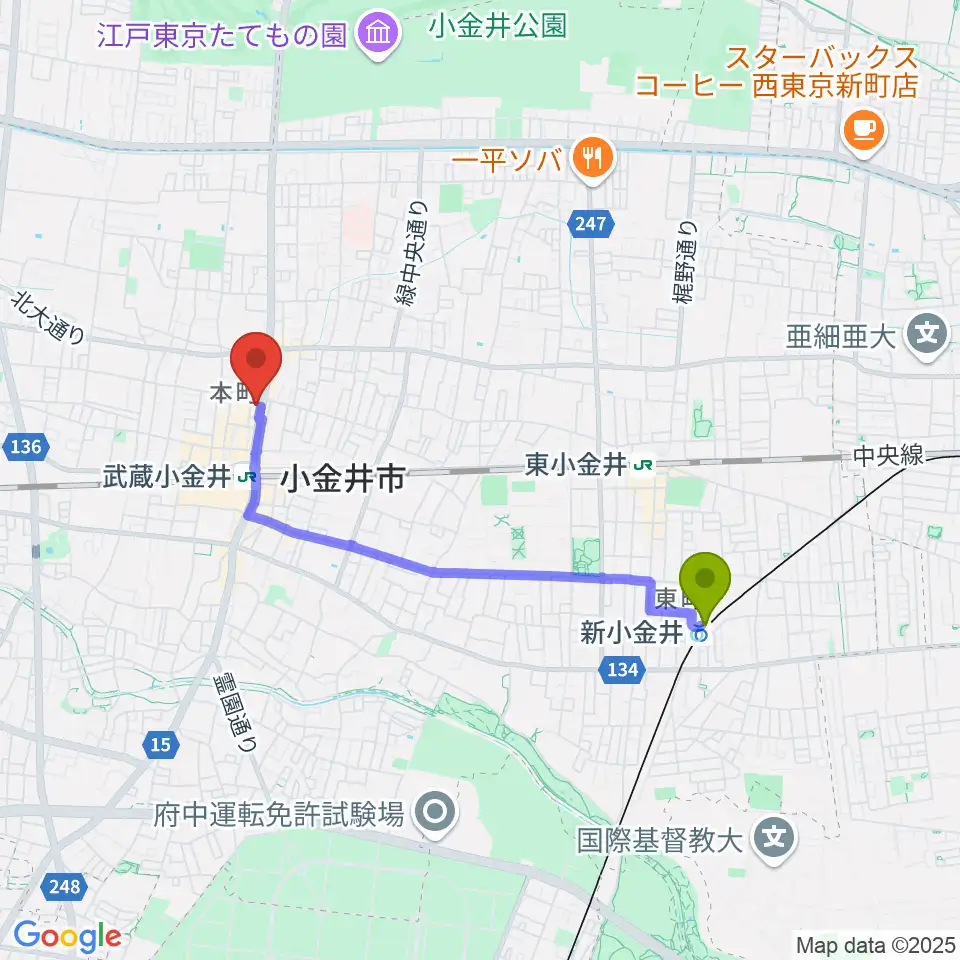 新小金井駅から宮地楽器 小金井ANNEXへのルートマップ地図