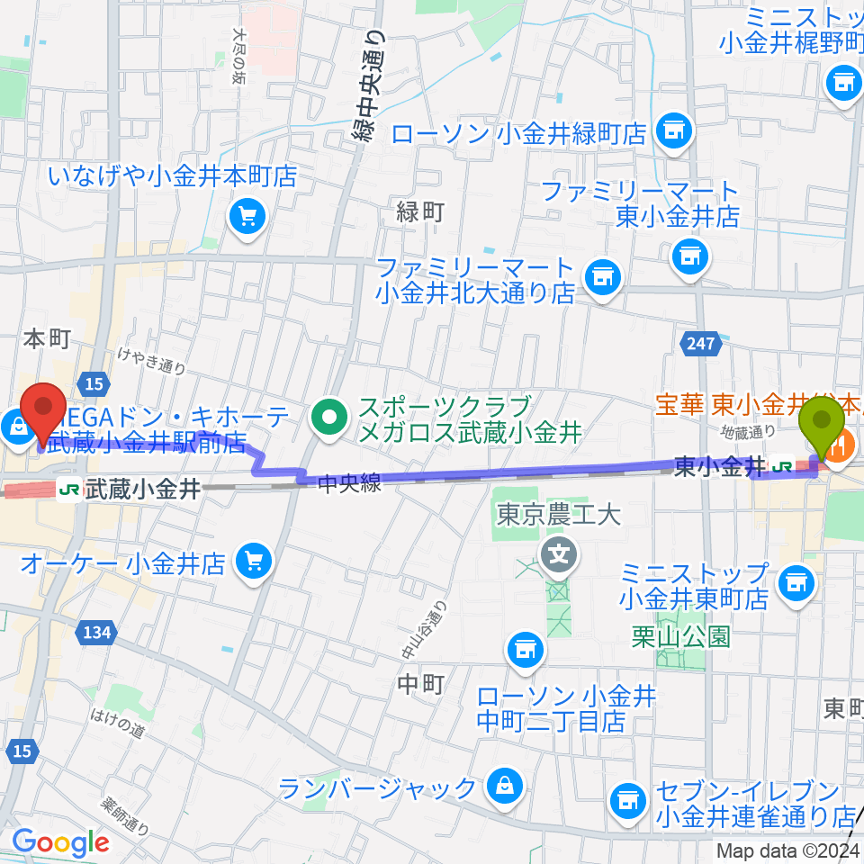東小金井駅から宮地楽器 ミュージックスクエア小金井へのルートマップ地図