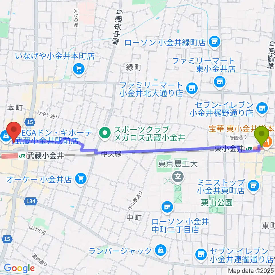 東小金井駅から宮地楽器 ミュージックスクエア小金井へのルートマップ地図