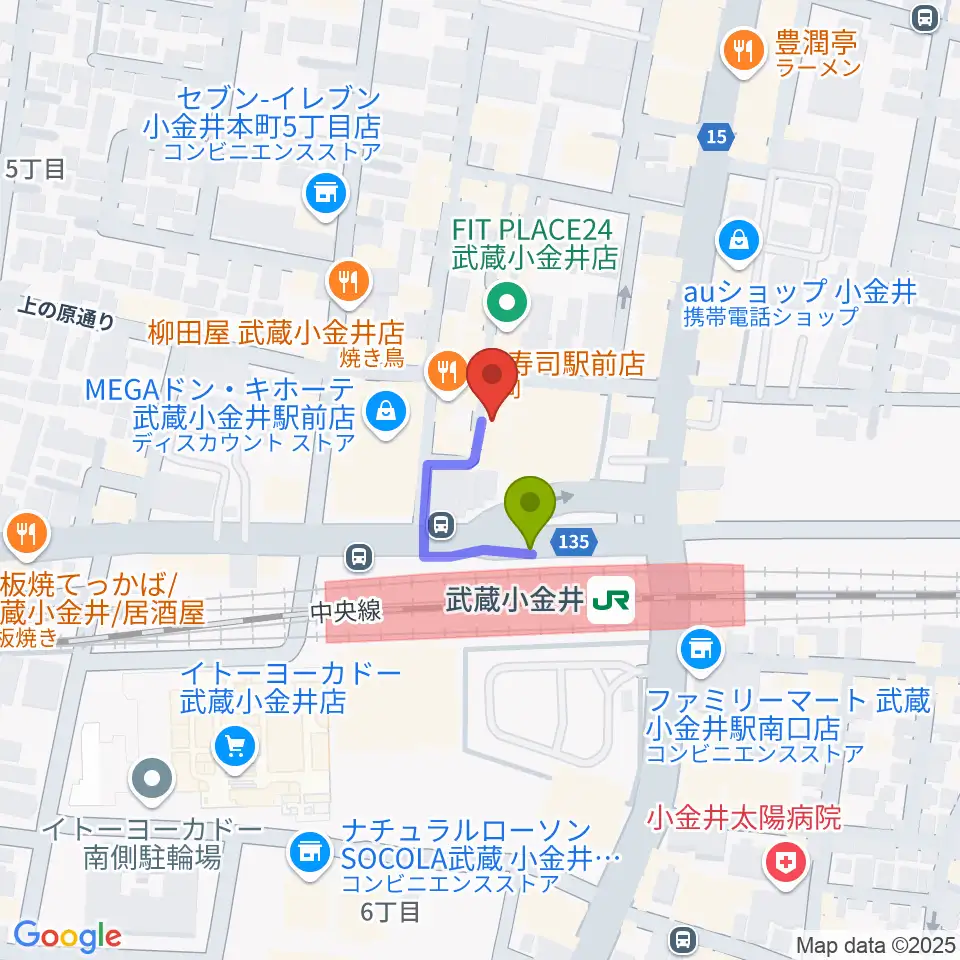 宮地楽器 ミュージックスクエア小金井の最寄駅武蔵小金井駅からの徒歩ルート（約1分）地図