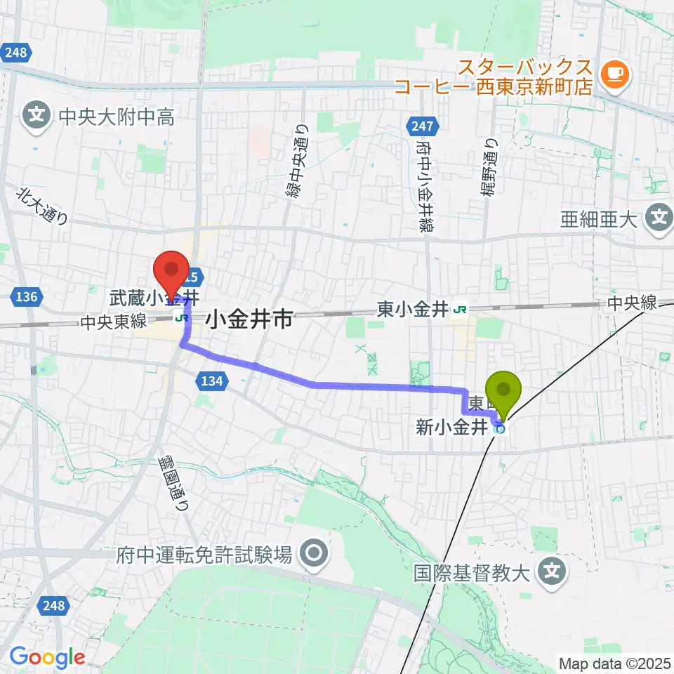 新小金井駅から宮地楽器 ミュージックスクエア小金井へのルートマップ地図